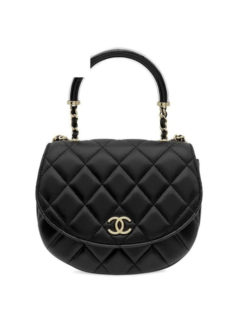 Chanel 2-Way Bag CC Logo Half Moon Lambskin Black Gold Top Handle